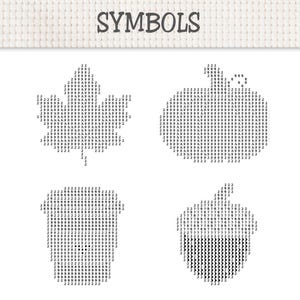 May include: A cross-stitch pattern chart titled SYMBOLS featuring four distinct motifs: a maple leaf, a pumpkin, a coffee cup, and an acorn. Each shape is composed of alphanumeric characters and symbols representing specific thread colors for stitching.