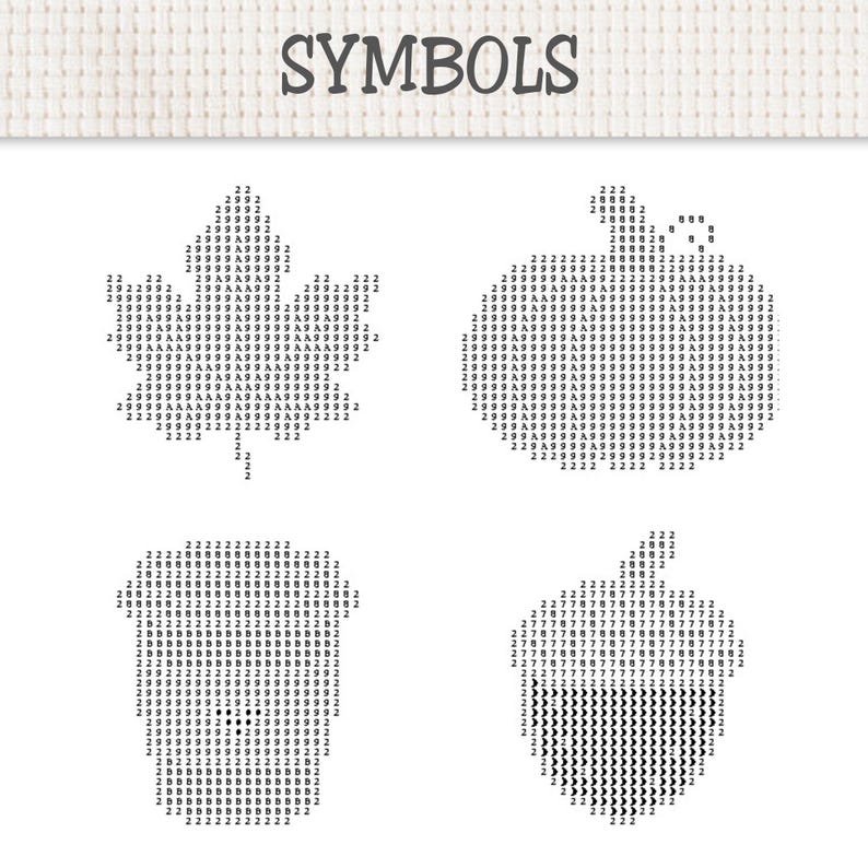 May include: A cross-stitch pattern chart titled SYMBOLS featuring four distinct motifs: a maple leaf, a pumpkin, a coffee cup, and an acorn. Each shape is composed of alphanumeric characters and symbols representing specific thread colors for stitching.