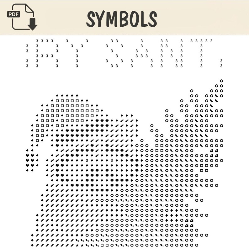 May include: A digital PDF pattern chart titled SYMBOLS featuring a grid of black icons including hearts, squares, circles, and arrows. The top section displays the number 3 repeated in a pattern, while the lower section shows a complex arrangement of geometric shapes and symbols used for cross-stitch or needlepoint projects.
