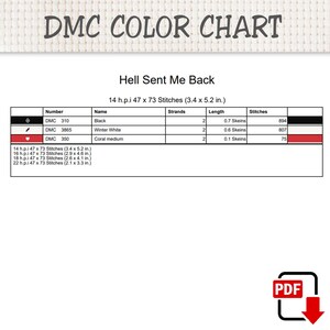 以下が含まれることがあります： Hell Sent Me BackというタイトルのクロスステッチパターンのDMCカラーチャート。表には、DMC 310 Black、3865 Winter White、350 Coral mediumが記載されており、14 h.p.i.の布地における糸の本数、かせの長さ、ステッチの合計数が3.4 x 5.2インチで示されています。