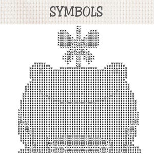 May include: A cross stitch pattern chart on a white grid background with the word SYMBOLS printed at the top. The design features a black and white graphic of a frog with a four-leaf clover on its head, composed of various geometric symbols.