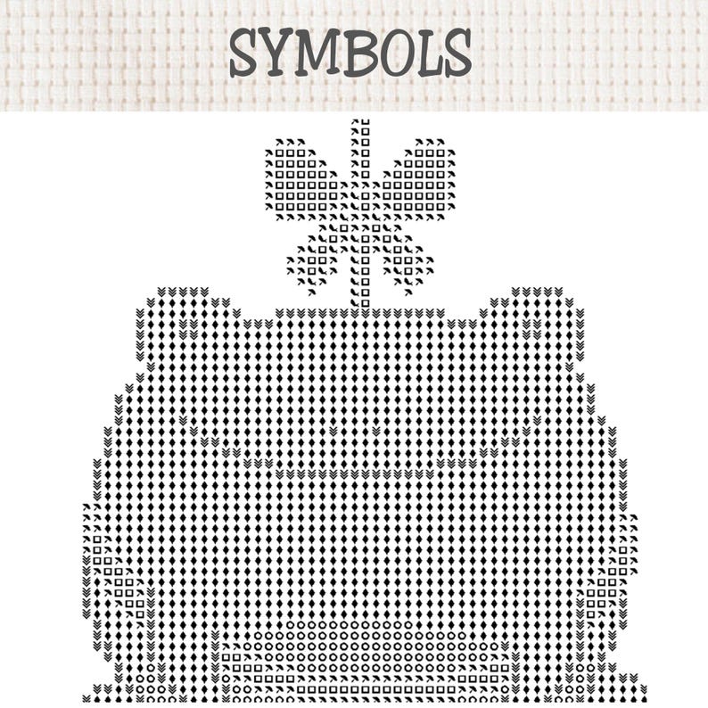 May include: A cross stitch pattern chart on a white grid background with the word SYMBOLS printed at the top. The design features a black and white graphic of a frog with a four-leaf clover on its head, composed of various geometric symbols.