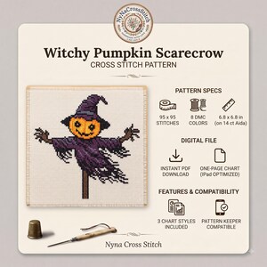 Puede incluir: Un patr&oacute;n de punto de cruz titulado Witchy Pumpkin Scarecrow que muestra un espantap&aacute;jaros con cabeza de calabaza, sombrero morado y ropa harapienta. Las especificaciones incluyen 95 por 95 puntadas, 8 colores DMC y 17,3 por 17,3 cm en Aida de 14 ct.