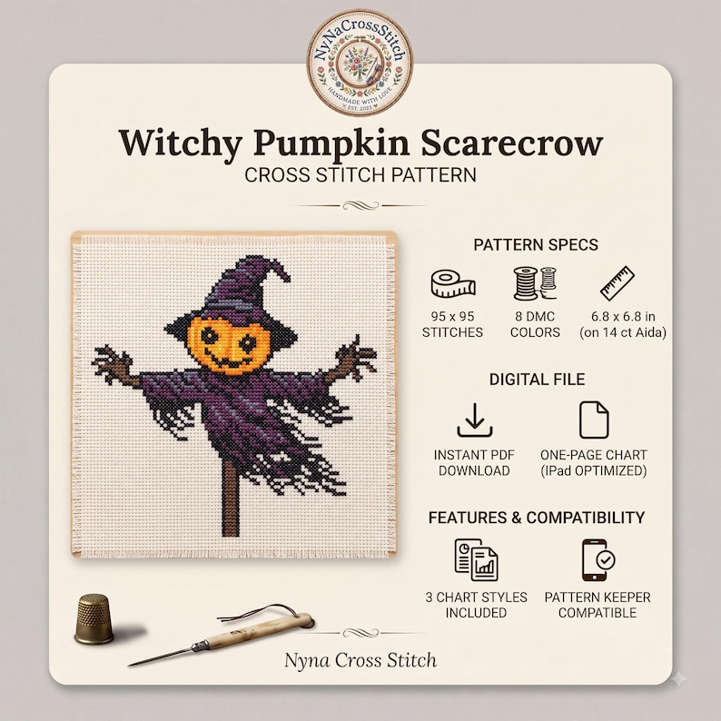 Puede incluir: Un patr&oacute;n de punto de cruz titulado Witchy Pumpkin Scarecrow que muestra un espantap&aacute;jaros con cabeza de calabaza, sombrero morado y ropa harapienta. Las especificaciones incluyen 95 por 95 puntadas, 8 colores DMC y 17,3 por 17,3 cm en Aida de 14 ct.