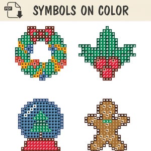 Pode incluir: Um padr&atilde;o PDF digital intitulado SYMBOLS ON COLOR apresentando quatro designs festivos pixelados: uma guirlanda verde com detalhes vermelhos, folhas de azevinho verdes com bagas vermelhas, um globo de neve azul com &aacute;rvore e um boneco de gengibre.