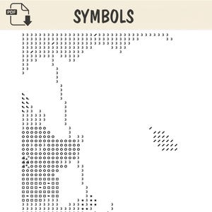 May include: A digital PDF document titled SYMBOLS featuring a grid layout of black characters on a white background. The grid contains repeating numbers 3, circles, squares, arrows, stars, and small leaf-like icons arranged in a pattern.