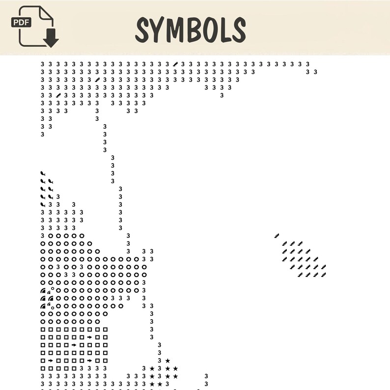 May include: A digital PDF document titled SYMBOLS featuring a grid layout of black characters on a white background. The grid contains repeating numbers 3, circles, squares, arrows, stars, and small leaf-like icons arranged in a pattern.