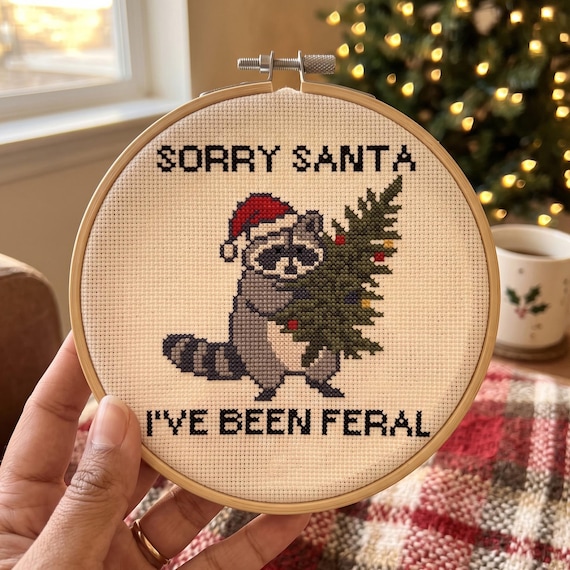 Raccoon Cross Stitch Pattern PDF, Sorry Santa I've Been Feral, Funny Christmas Xstitch, Snarky Holiday Cross Stitch