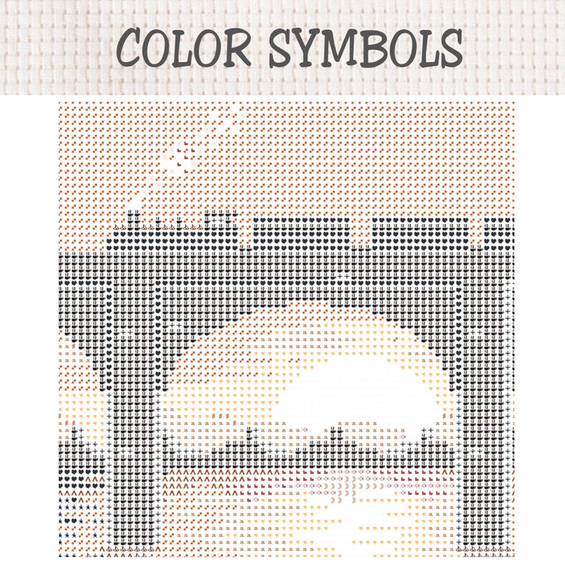 Puede incluir: Un patr&oacute;n de punto de cruz titulado COLOR SYMBOLS que presenta una cuadr&iacute;cula de peque&ntilde;os iconos y s&iacute;mbolos en negro, naranja y blanco. El dise&ntilde;o muestra una disposici&oacute;n estructurada con formas repetitivas de corazones, m&aacute;s y estrellas.