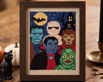 Patrón de punto de cruz de monstruos clásicos del terror, Drácula, Frankenstein, Momia, Hombre Lobo, gráfico de tapicería, descarga instantánea.