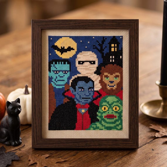 Classic Horror Monsters Cross Stitch Pattern, Dracula Frankenstein Mummy Werewolf Needlepoint Chart, Instant Download