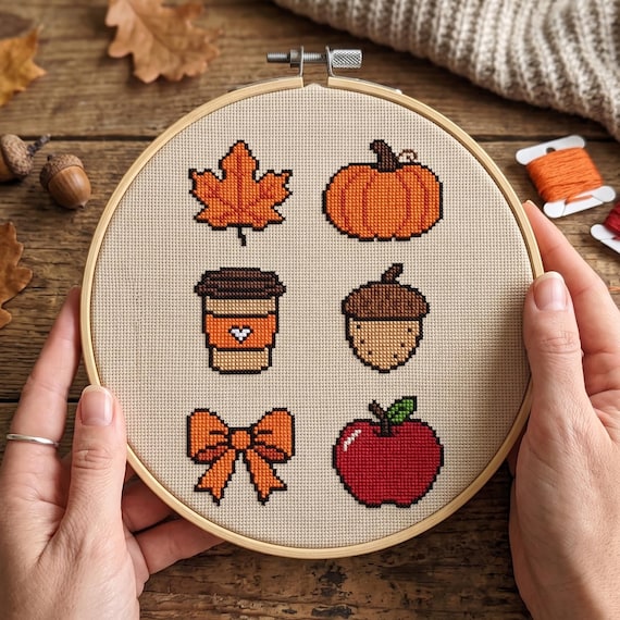 Autumn Mini Cross Stitch Pattern, Fall Motifs Embroidery, Pumpkin Coffee Apple Acorn Leaf PDF Download