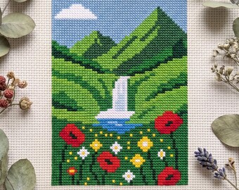 Mini Mountain Waterfall Wildflower Cross Stitch Pattern, Lush Green Valley Poppy Field Needlepoint Chart, Digital Download PDF