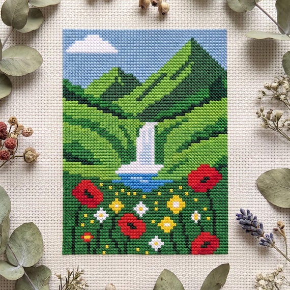Mini Mountain Waterfall Wildflower Cross Stitch Pattern, Lush Green Valley Poppy Field Needlepoint Chart, Digital Download PDF
