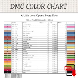 Peut inclure: Un nuancier DMC pour un mod&egrave;le de point de croix intitul&eacute; A Little Love Opens Every Door. Le tableau indique les num&eacute;ros de fil, les noms, le nombre de brins, les longueurs en &eacute;chevettes et le nombre de points pour 14 h.p.i. 75 x 95 points.