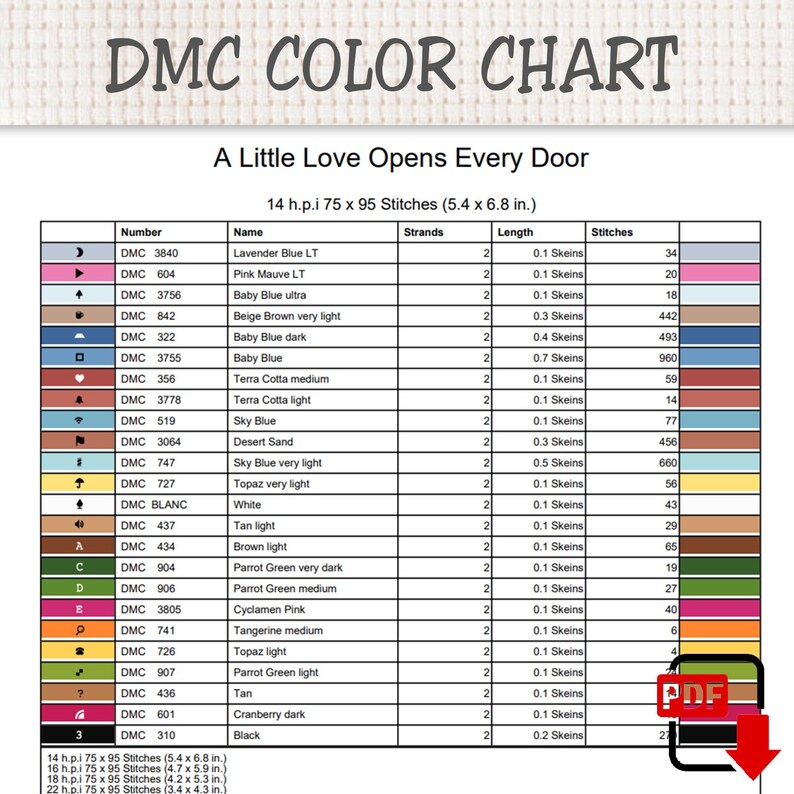 Peut inclure: Un nuancier DMC pour un mod&egrave;le de point de croix intitul&eacute; A Little Love Opens Every Door. Le tableau indique les num&eacute;ros de fil, les noms, le nombre de brins, les longueurs en &eacute;chevettes et le nombre de points pour 14 h.p.i. 75 x 95 points.