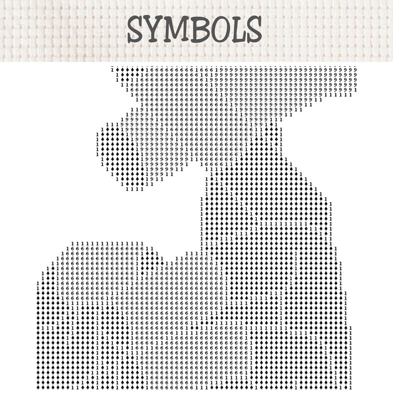 Pu&ograve; includere: Uno schema per punto croce intitolato SYMBOLS, che presenta una griglia di numeri neri e forme a rombo su sfondo bianco. Il design mostra una disposizione di codici numerici utilizzata per il ricamo, con file di cifre e simboli in una formazione.