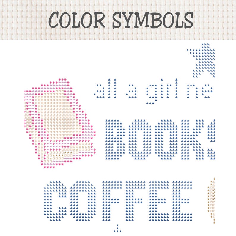 May include: A cross-stitch pattern chart titled COLOR SYMBOLS featuring a stack of books and the text all a girl ne BOOK! COFFEE! The design uses blue triangles, pink hearts, and gold stars as symbols on a white grid background for embroidery.
