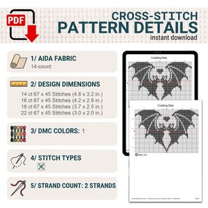 Puede incluir: Un patr&oacute;n de punto de cruz digital titulado Cuddling Bats, con un dise&ntilde;o de cuadr&iacute;cula de dos murci&eacute;lagos. Los detalles incluyen tela Aida de 14 hilos, dimensiones de 12,2 x 8,1 cm a 7,6 x 5,1 cm, un color DMC y dos hebras de hilo.
