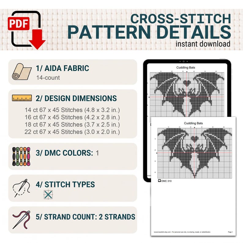 Puede incluir: Un patr&oacute;n de punto de cruz digital titulado Cuddling Bats, con un dise&ntilde;o de cuadr&iacute;cula de dos murci&eacute;lagos. Los detalles incluyen tela Aida de 14 hilos, dimensiones de 12,2 x 8,1 cm a 7,6 x 5,1 cm, un color DMC y dos hebras de hilo.