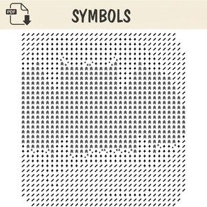 Op de afbeelding: Een digitaal patroonoverzicht met het label SYMBOLS, bestaande uit een raster van zwarte iconen op een witte achtergrond. Het ontwerp bevat herhalende pijl- en chevronmotieven in een rechthoekige vorm, met een PDF-downloadicoon bovenaan.