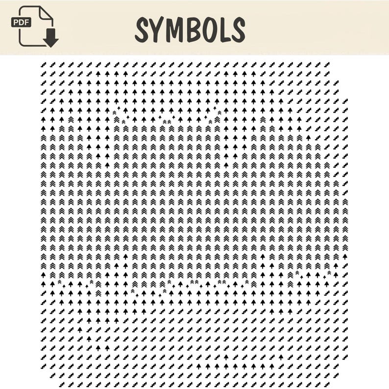 Op de afbeelding: Een digitaal patroonoverzicht met het label SYMBOLS, bestaande uit een raster van zwarte iconen op een witte achtergrond. Het ontwerp bevat herhalende pijl- en chevronmotieven in een rechthoekige vorm, met een PDF-downloadicoon bovenaan.