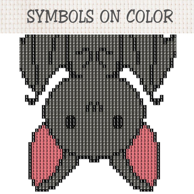 May include: A cross stitch pattern on white fabric featuring a bat design with the text SYMBOLS ON COLOR at the top. The bat is composed of a grid of squares filled with the numbers 1, 2, and 3, representing different colors for the embroidery.