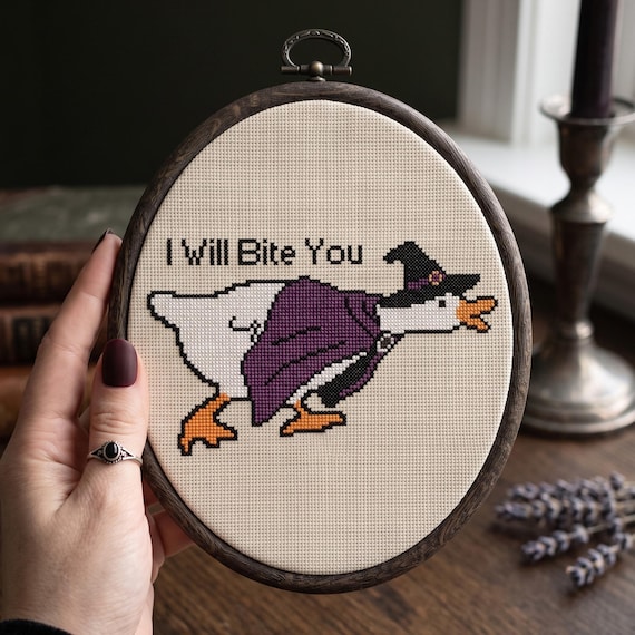 Goose Cross Stitch Pattern, I Will Bite You Funny Halloween Needlepoint Chart, Feisty Goose Sassy, Instant Download