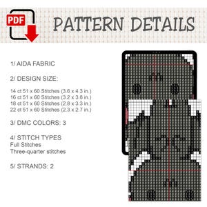 May include: A digital cross-stitch pattern document titled PATTERN DETAILS. It lists Aida fabric, design sizes for 14, 16, 18, and 22 count fabric in inches, 3 DMC colors, full and three-quarter stitch types, and 2 strands. A grid chart is shown.
