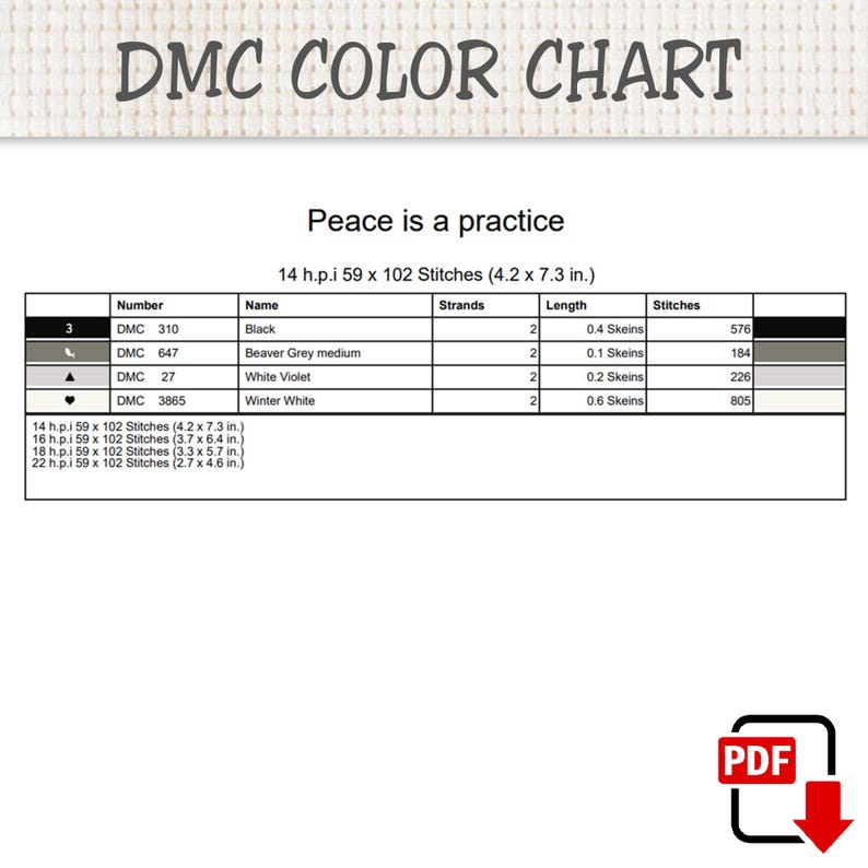 K&ouml;nnte beinhalten: Eine DMC-Farbkarte f&uuml;r ein Kreuzstichmuster mit dem Titel Peace is a practice. Die Tabelle listet die Garnnummern 310, 647, 27 und 3865 mit Namen, Stranganzahl, L&auml;ngen in Str&auml;ngen und Stichanzahl f&uuml;r 14 h.p.i. Stoff auf.