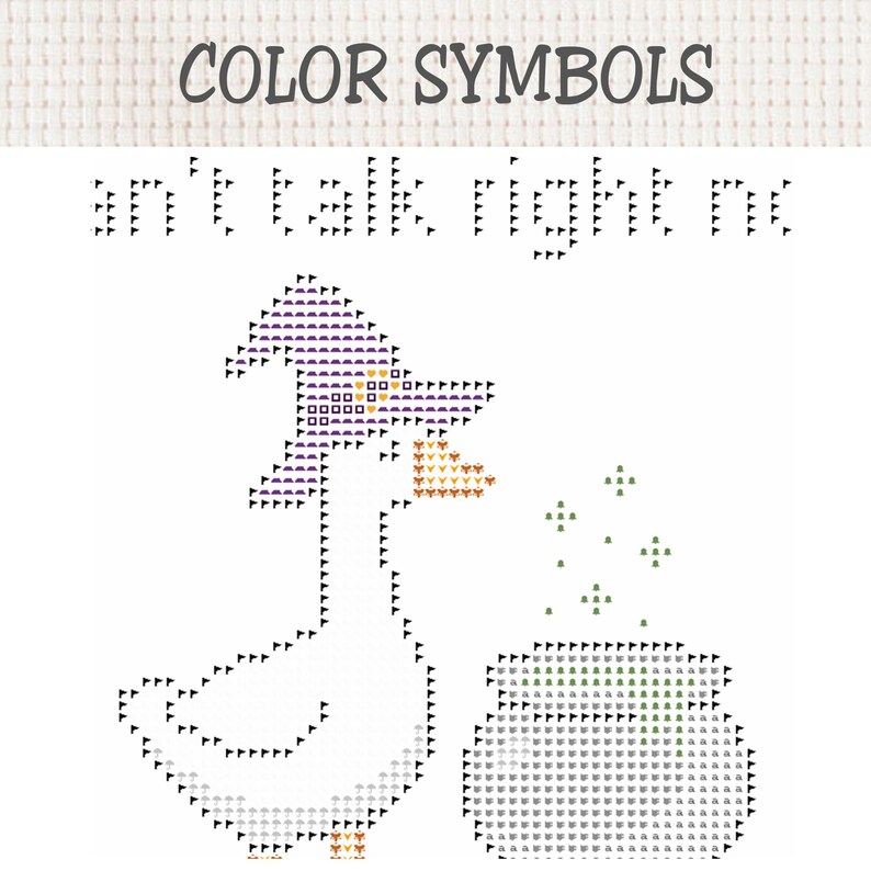 May include: A cross-stitch pattern titled COLOR SYMBOLS featuring a goose wearing a purple witch hat, holding an orange object, and standing next to a cauldron with green sparkles. The text reads "can't talk right now" in black symbols.