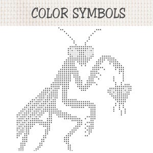 May include: A cross-stitch pattern chart featuring the text COLOR SYMBOLS at the top. Below the text is a graphic of a praying mantis composed of small black star and light gray heart symbols arranged on a white grid background.
