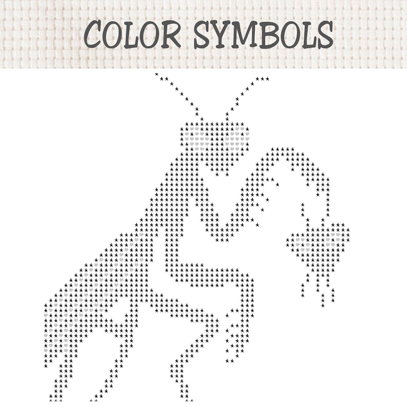 May include: A cross-stitch pattern chart featuring the text COLOR SYMBOLS at the top. Below the text is a graphic of a praying mantis composed of small black star and light gray heart symbols arranged on a white grid background.