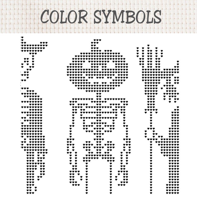 K&ouml;nnte beinhalten: Ein Kreuzstichmuster mit der &Uuml;berschrift COLOR SYMBOLS, das aus schwarzen herzf&ouml;rmigen Symbolen besteht, die ein Skelett mit K&uuml;rbiskopf, eine Mondsichel und einen Besen bilden. Das Design ist auf einem wei&szlig;en Rasterhintergrund dargestellt.
