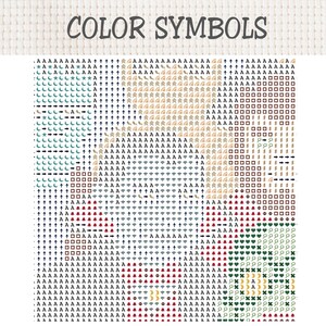 以下が含まれることがあります： 「COLOR SYMBOLS」というタイトルのクロスステッチパターンチャート。白地の上に、文字、矢印、星、三日月、四角形、ベルなどの多様なアイコンが、黒、赤、緑、ベージュなどの色でグリッド状に配置されています。