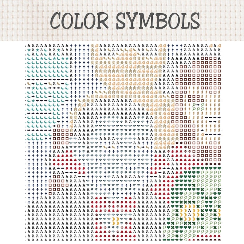 以下が含まれることがあります： 「COLOR SYMBOLS」というタイトルのクロスステッチパターンチャート。白地の上に、文字、矢印、星、三日月、四角形、ベルなどの多様なアイコンが、黒、赤、緑、ベージュなどの色でグリッド状に配置されています。