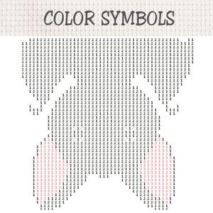 May include: A cross-stitch pattern chart on white Aida fabric with the text COLOR SYMBOLS at the top. The design is composed of a grid of black and pink numbers 1, 2, and 3, arranged to form a symmetrical shape resembling a stylized animal head.