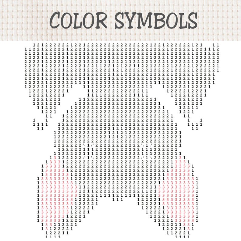 May include: A cross-stitch pattern chart on white Aida fabric with the text COLOR SYMBOLS at the top. The design is composed of a grid of black and pink numbers 1, 2, and 3, arranged to form a symmetrical shape resembling a stylized animal head.