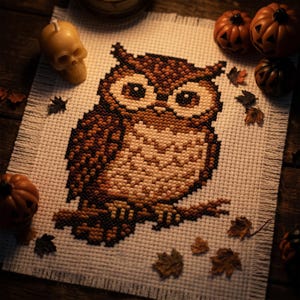 May include: A square piece of white fabric featuring a cross-stitch pattern of a brown owl perched on a branch. The owl has large, round eyes and detailed feather textures. The fabric has frayed edges and is surrounded by small pumpkins and leaves.