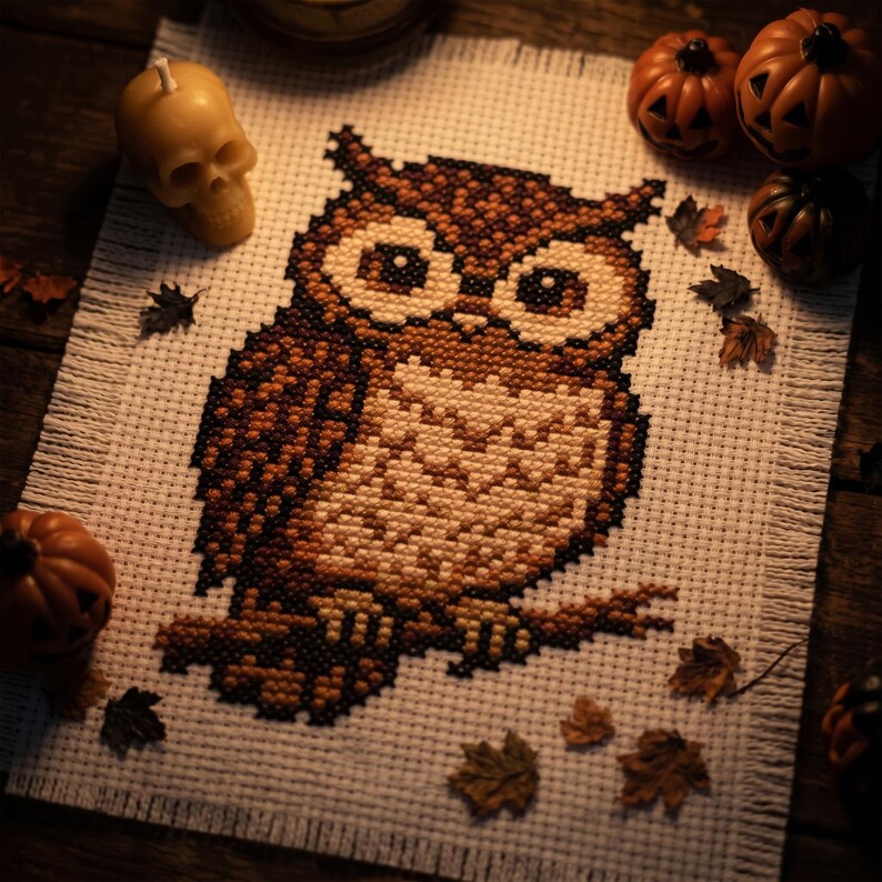 May include: A square piece of white fabric featuring a cross-stitch pattern of a brown owl perched on a branch. The owl has large, round eyes and detailed feather textures. The fabric has frayed edges and is surrounded by small pumpkins and leaves.