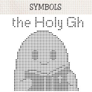 May include: A cross-stitch pattern chart featuring the word SYMBOLS in a grey serif font at the top. Below, the text the Holy Gh is written in black heart icons. A large, rounded silhouette shape is formed by a grid of black heart and star icons.