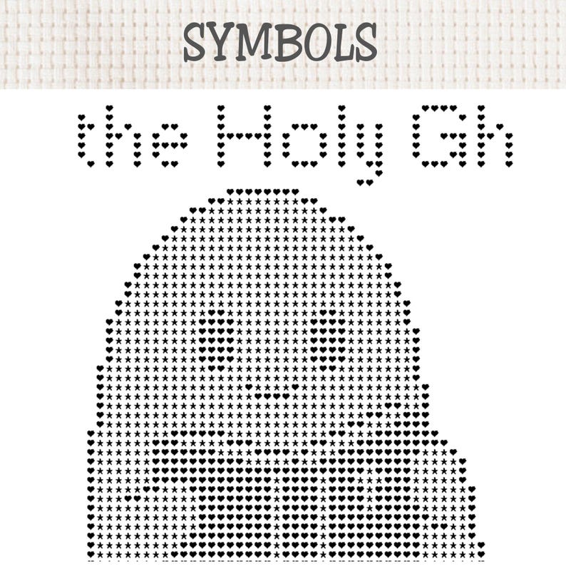 May include: A cross-stitch pattern chart featuring the word SYMBOLS in a grey serif font at the top. Below, the text the Holy Gh is written in black heart icons. A large, rounded silhouette shape is formed by a grid of black heart and star icons.