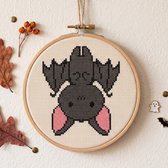 Hanging Bat Cross Stitch Pattern, Halloween Needlepoint Chart, Spooky Cute Animal Instant Download PDF