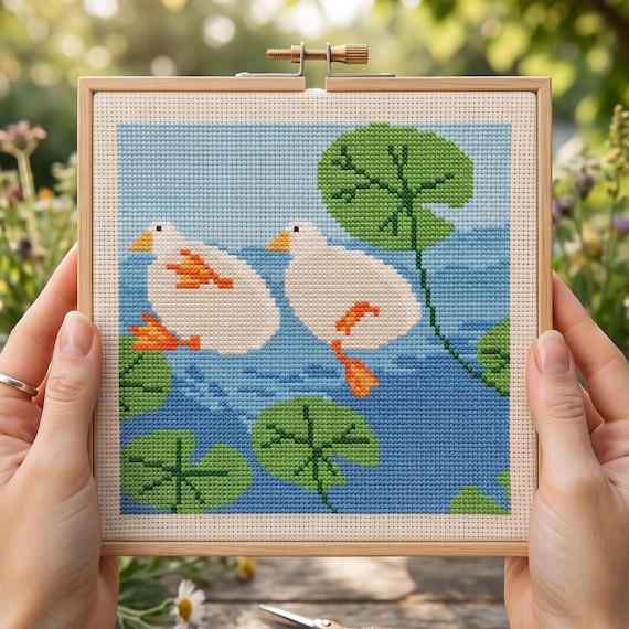 Ducks Swimming Cross Stitch Pattern | Cute Ducks in Lily Pad Pond Needlepoint Chart | Digital Download PDF