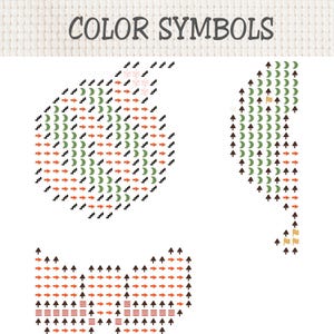May include: A cross stitch pattern chart titled COLOR SYMBOLS featuring three distinct shapes composed of various icons including green crescents, orange arrows, black zigzags, brown triangles, and small tan flags on a white grid background.