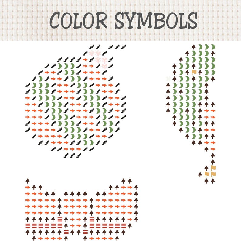 May include: A cross stitch pattern chart titled COLOR SYMBOLS featuring three distinct shapes composed of various icons including green crescents, orange arrows, black zigzags, brown triangles, and small tan flags on a white grid background.