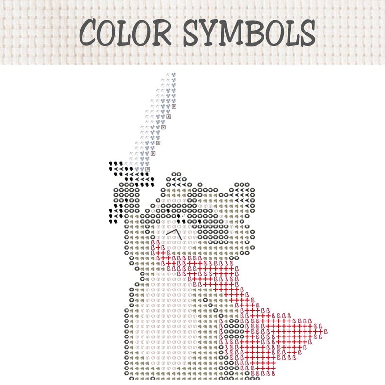 Pu&ograve; includere: Uno schema a punto croce intitolato COLOR SYMBOLS che presenta una griglia di simboli neri, rossi e grigi che formano la sagoma di un personaggio che impugna una spada. Il disegno &egrave; su sfondo bianco con un bordo in tessuto testurizzato in alto.
