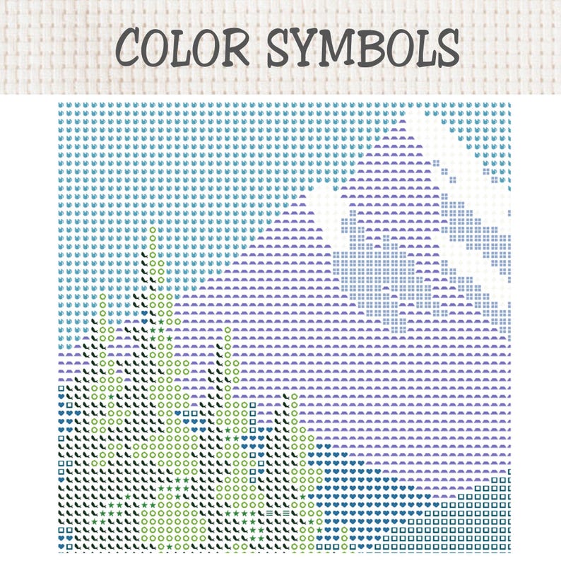 May include: A cross-stitch pattern chart titled COLOR SYMBOLS featuring a grid of symbols on a white fabric background. The design displays a landscape with light blue, purple, and green geometric shapes representing trees and mountains.