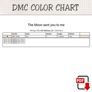 Puede incluir: Un documento de carta de colores DMC titulado The Moon sent you to me. Enumera 14 h.p.i 72 x 90 puntadas a 13 x 16,3 cm, con detalles para hilo DMC ECRU usando 2 hebras, 1,4 madejas y 1933 puntadas. Incluye un icono de descarga PDF.
