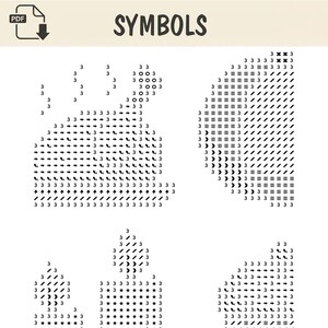 Może przedstawiać: Dokument cyfrowy zatytułowany SYMBOLS przedstawiający cztery r&oacute;żne wzory siatek złożone z czarnych symboli i cyfry 3. Symbole obejmują strzałki, p&oacute;łksiężyce, gwiazdki i poziome linie ułożone w geometryczne kształty na białym tle.